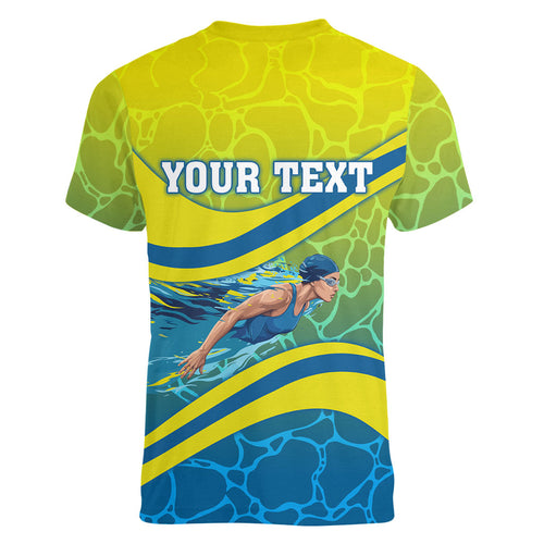 Personalized Australia Water Polo Swimmer Women V-Neck T-Shirt Dynamic Swimmer With Wave Pattern And National Colors