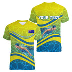 Personalized Australia Water Polo Swimmer Women V-Neck T-Shirt Dynamic Swimmer With Wave Pattern And National Colors