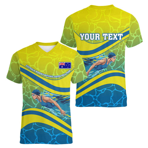 Personalized Australia Water Polo Swimmer Women V-Neck T-Shirt Dynamic Swimmer With Wave Pattern And National Colors