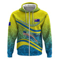 Personalized Australia Water Polo Swimmer Zip Hoodie Dynamic Swimmer With Wave Pattern And National Colors