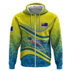 Personalized Australia Water Polo Swimmer Zip Hoodie Dynamic Swimmer With Wave Pattern And National Colors