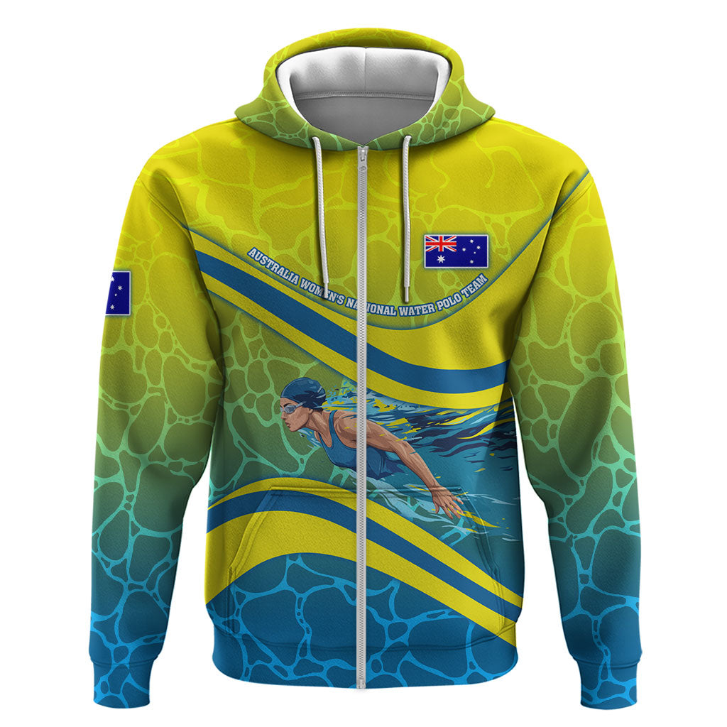 Personalized Australia Water Polo Swimmer Zip Hoodie Dynamic Swimmer With Wave Pattern And National Colors