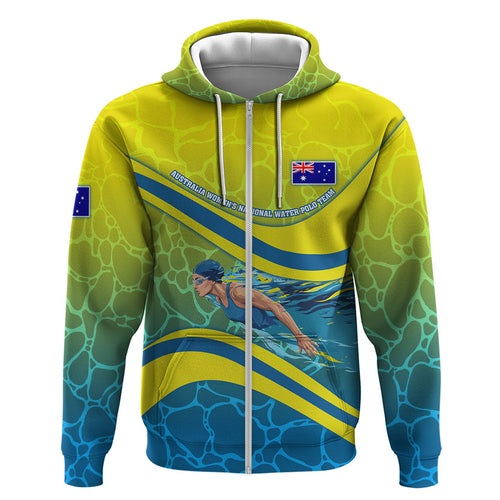 Personalized Australia Water Polo Swimmer Zip Hoodie Dynamic Swimmer With Wave Pattern And National Colors