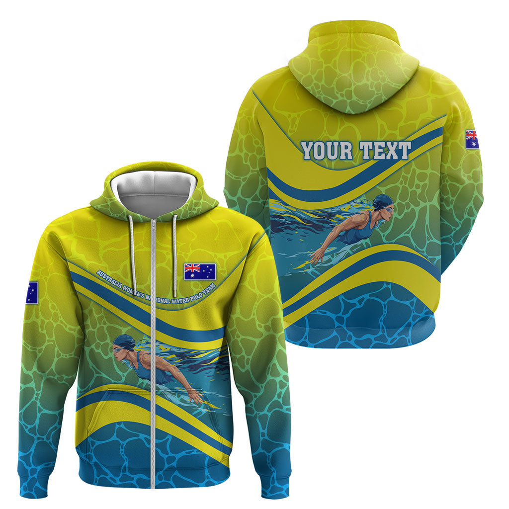 Personalized Australia Water Polo Swimmer Zip Hoodie Dynamic Swimmer With Wave Pattern And National Colors