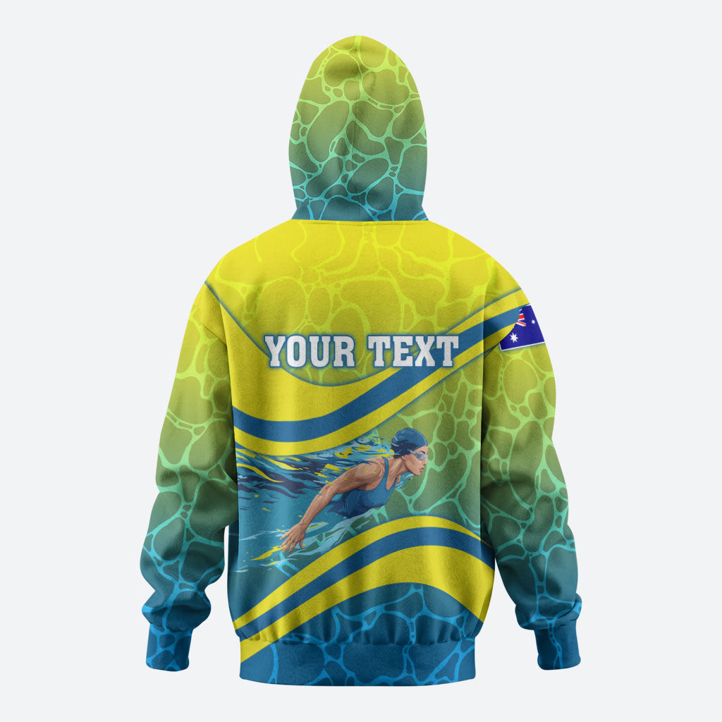 Personalized Australia Water Polo Swimmer Zip Hoodie Dynamic Swimmer With Wave Pattern And National Colors
