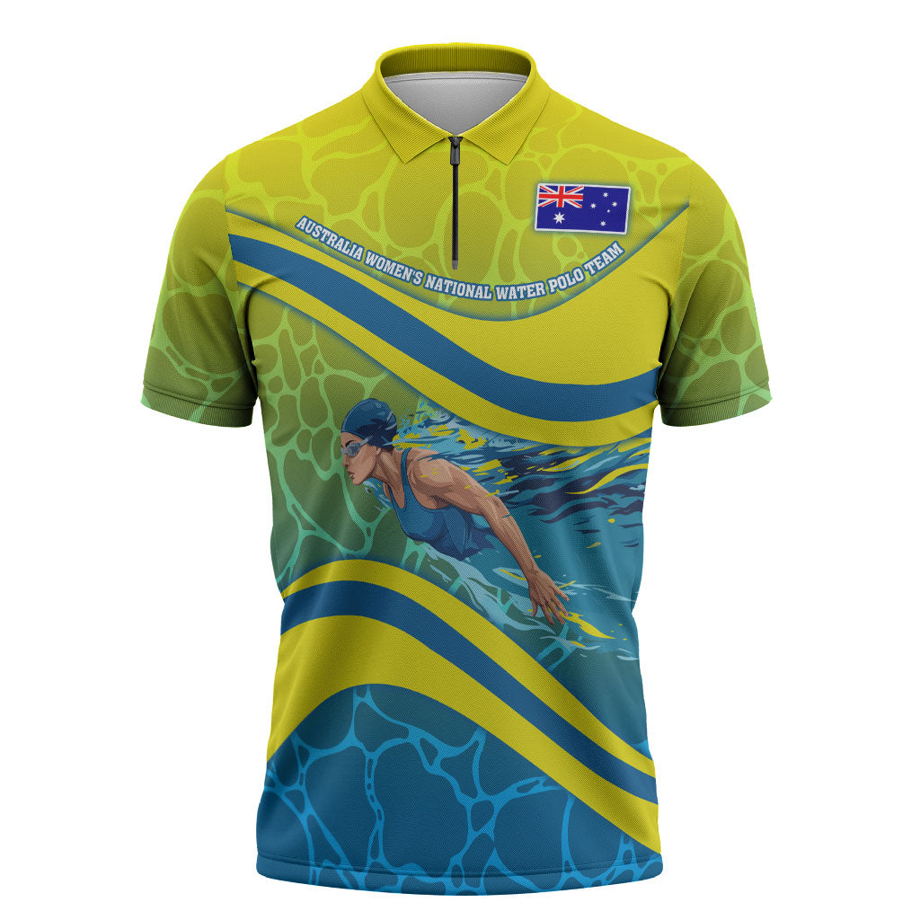 Personalized Australia Water Polo Swimmer Zipper Polo Shirt Dynamic Swimmer With Wave Pattern And National Colors