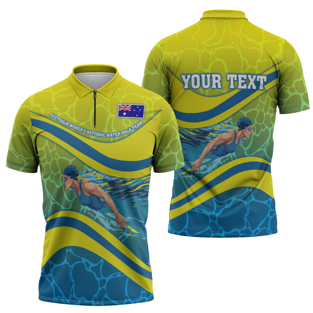 Personalized Australia Water Polo Swimmer Zipper Polo Shirt Dynamic Swimmer With Wave Pattern And National Colors