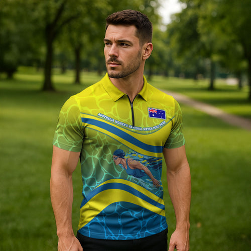 Personalized Australia Water Polo Swimmer Zipper Polo Shirt Dynamic Swimmer With Wave Pattern And National Colors
