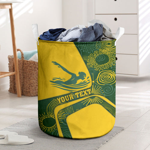 Personalized Australia Swimming Athlete Laundry Basket Bold Swimmer Silhouette With Indigenous Pattern Accents