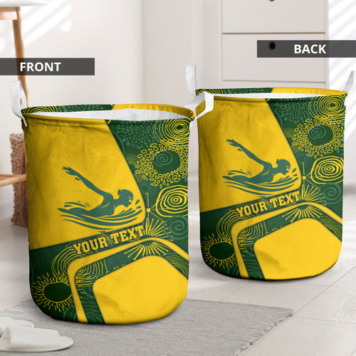 Personalized Australia Swimming Athlete Laundry Basket Bold Swimmer Silhouette With Indigenous Pattern Accents