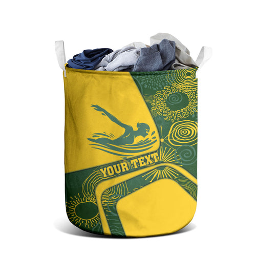 Personalized Australia Swimming Athlete Laundry Basket Bold Swimmer Silhouette With Indigenous Pattern Accents