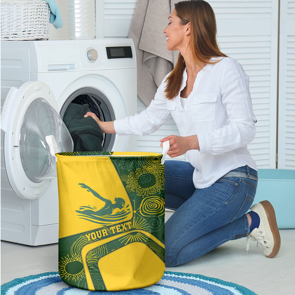 Personalized Australia Swimming Athlete Laundry Basket Bold Swimmer Silhouette With Indigenous Pattern Accents