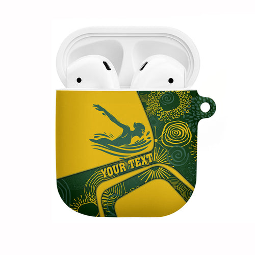 Personalized Australia Swimming Athlete AirPods Case Bold Swimmer Silhouette With Indigenous Pattern Accents