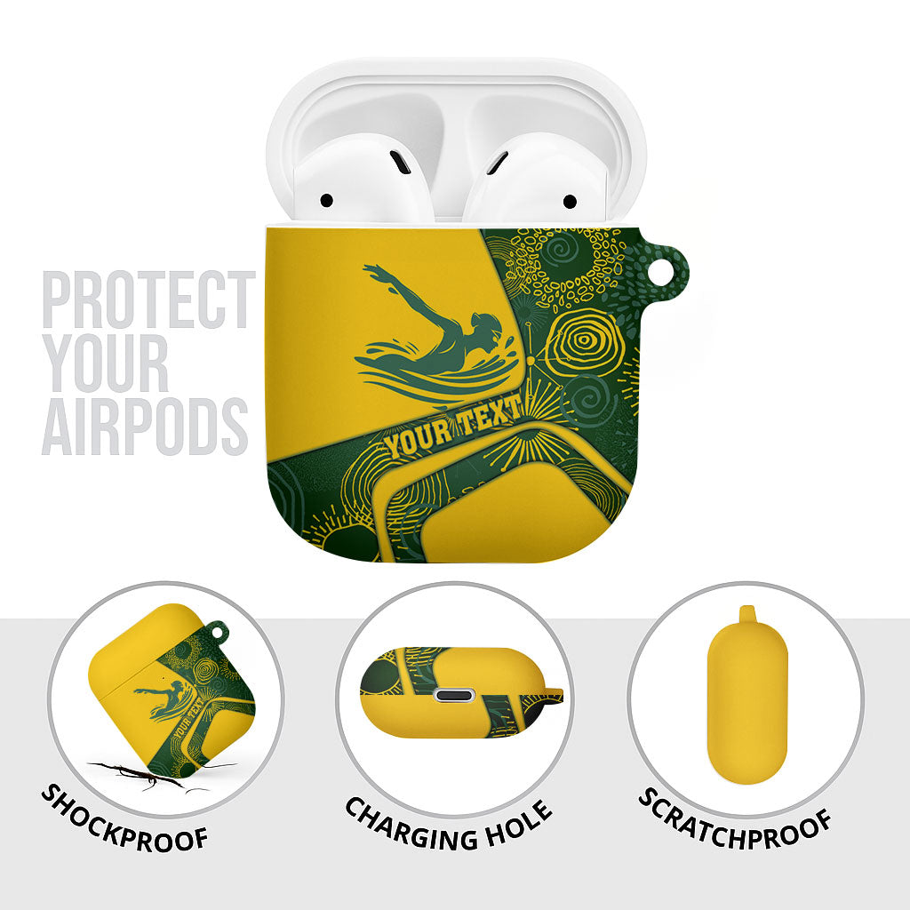 Personalized Australia Swimming Athlete AirPods Case Bold Swimmer Silhouette With Indigenous Pattern Accents