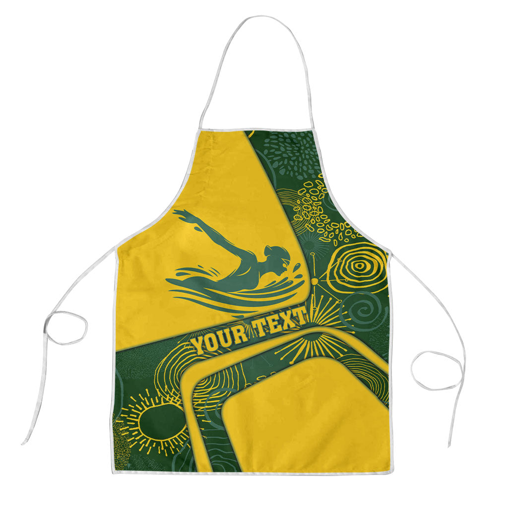 Personalized Australia Swimming Athlete Apron Bold Swimmer Silhouette With Indigenous Pattern Accents