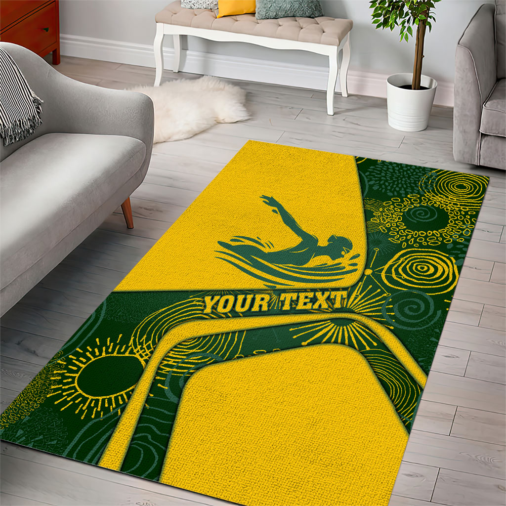 Personalized Australia Swimming Athlete Area Rug Bold Swimmer Silhouette With Indigenous Pattern Accents