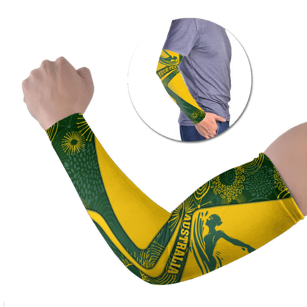 Personalized Australia Swimming Athlete Arm Sleeves Bold Swimmer Silhouette With Indigenous Pattern Accents
