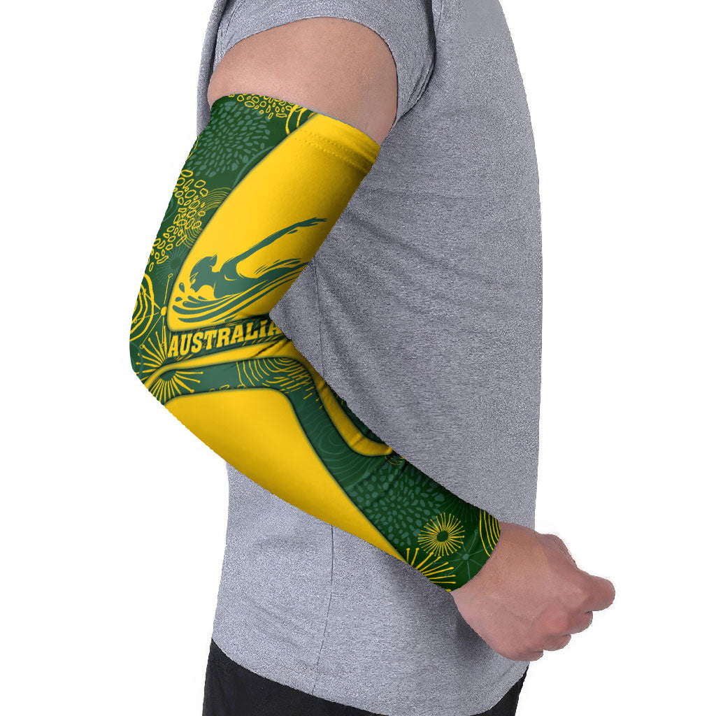 Personalized Australia Swimming Athlete Arm Sleeves Bold Swimmer Silhouette With Indigenous Pattern Accents