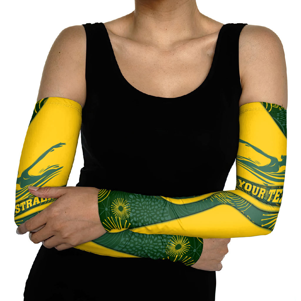 Personalized Australia Swimming Athlete Arm Sleeves Bold Swimmer Silhouette With Indigenous Pattern Accents