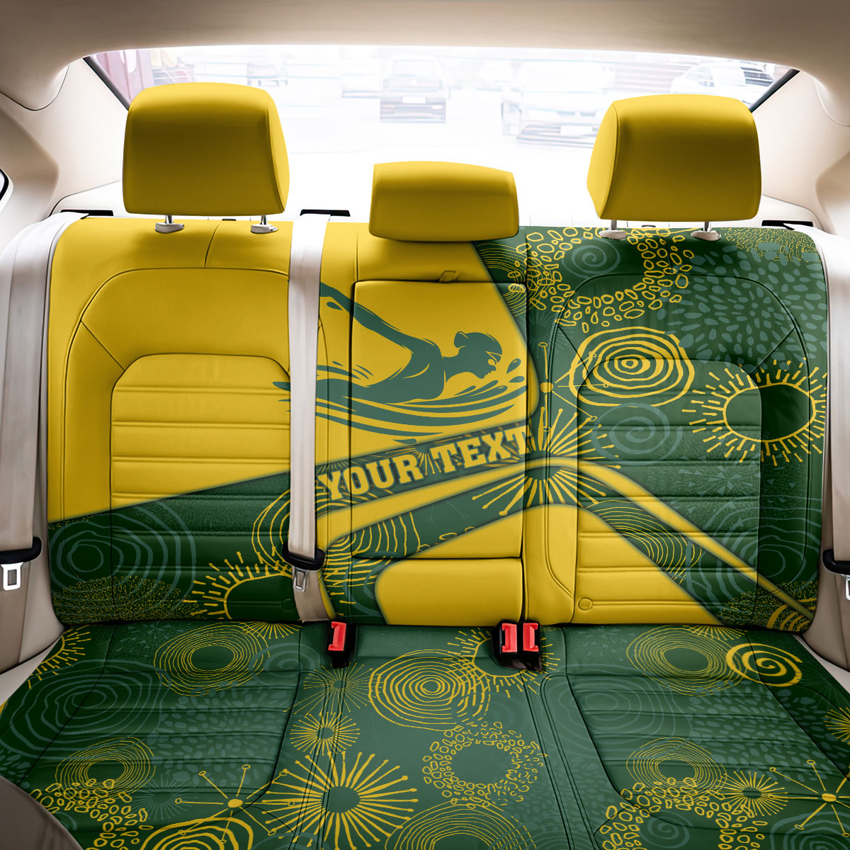 Personalized Australia Swimming Athlete Back Car Seat Cover Bold Swimmer Silhouette With Indigenous Pattern Accents