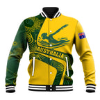 Personalized Australia Swimming Athlete Baseball Jacket Bold Swimmer Silhouette With Indigenous Pattern Accents