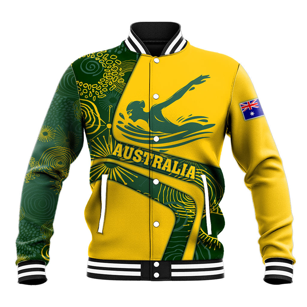 Personalized Australia Swimming Athlete Baseball Jacket Bold Swimmer Silhouette With Indigenous Pattern Accents