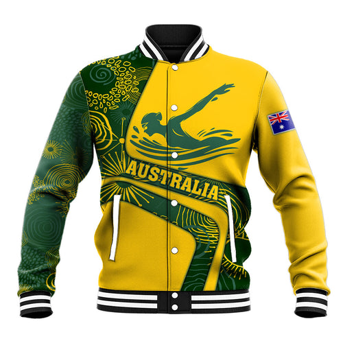 Personalized Australia Swimming Athlete Baseball Jacket Bold Swimmer Silhouette With Indigenous Pattern Accents
