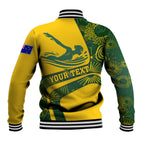 Personalized Australia Swimming Athlete Baseball Jacket Bold Swimmer Silhouette With Indigenous Pattern Accents