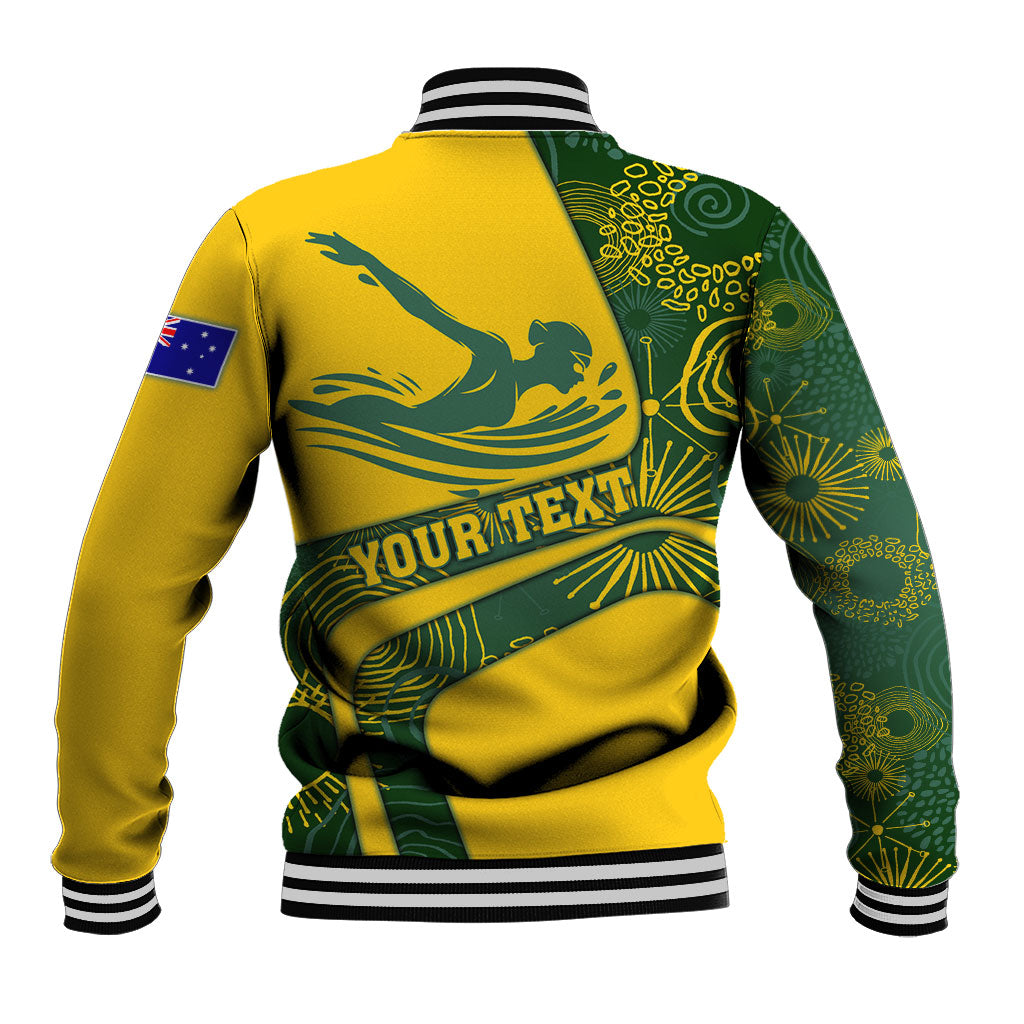Personalized Australia Swimming Athlete Baseball Jacket Bold Swimmer Silhouette With Indigenous Pattern Accents