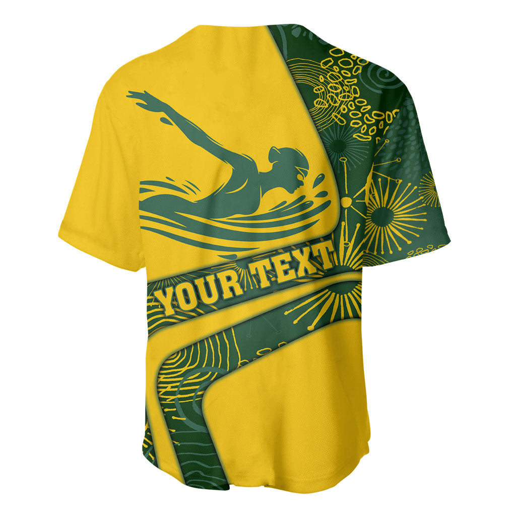 Personalized Australia Swimming Athlete Baseball Jersey Bold Swimmer Silhouette With Indigenous Pattern Accents