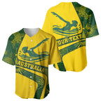 Personalized Australia Swimming Athlete Baseball Jersey Bold Swimmer Silhouette With Indigenous Pattern Accents