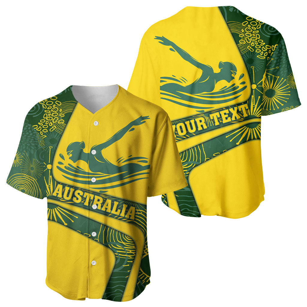 Personalized Australia Swimming Athlete Baseball Jersey Bold Swimmer Silhouette With Indigenous Pattern Accents