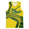 Personalized Australia Swimming Athlete Basketball Jersey Bold Swimmer Silhouette With Indigenous Pattern Accents