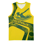 Personalized Australia Swimming Athlete Basketball Jersey Bold Swimmer Silhouette With Indigenous Pattern Accents