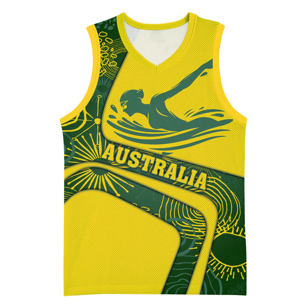 Personalized Australia Swimming Athlete Basketball Jersey Bold Swimmer Silhouette With Indigenous Pattern Accents