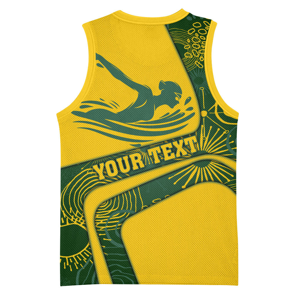 Personalized Australia Swimming Athlete Basketball Jersey Bold Swimmer Silhouette With Indigenous Pattern Accents
