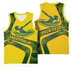 Personalized Australia Swimming Athlete Basketball Jersey Bold Swimmer Silhouette With Indigenous Pattern Accents