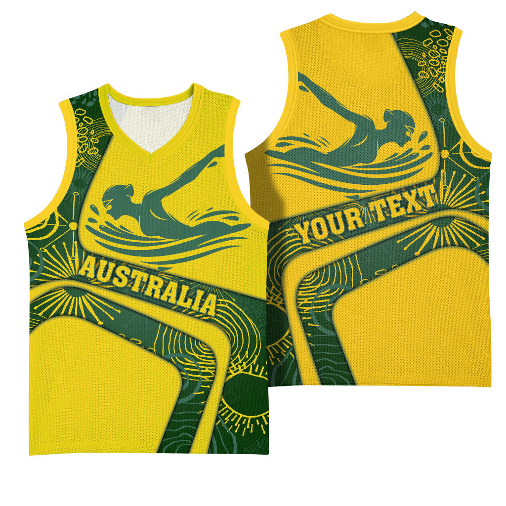 Personalized Australia Swimming Athlete Basketball Jersey Bold Swimmer Silhouette With Indigenous Pattern Accents