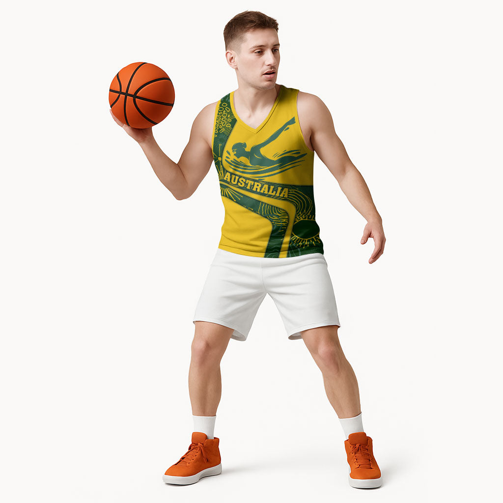 Personalized Australia Swimming Athlete Basketball Jersey Bold Swimmer Silhouette With Indigenous Pattern Accents