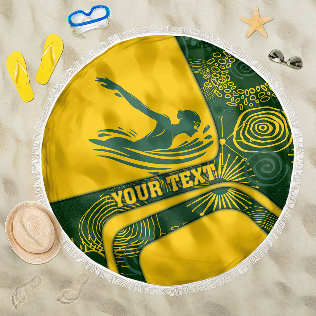 Personalized Australia Swimming Athlete Beach Blanket Bold Swimmer Silhouette With Indigenous Pattern Accents