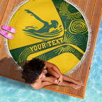 Personalized Australia Swimming Athlete Beach Blanket Bold Swimmer Silhouette With Indigenous Pattern Accents