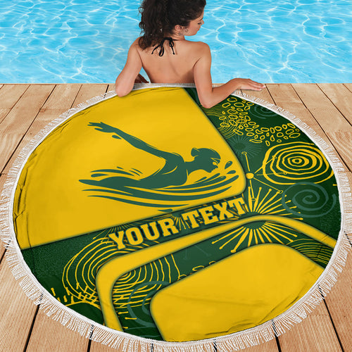 Personalized Australia Swimming Athlete Beach Blanket Bold Swimmer Silhouette With Indigenous Pattern Accents