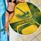 Personalized Australia Swimming Athlete Beach Blanket Bold Swimmer Silhouette With Indigenous Pattern Accents