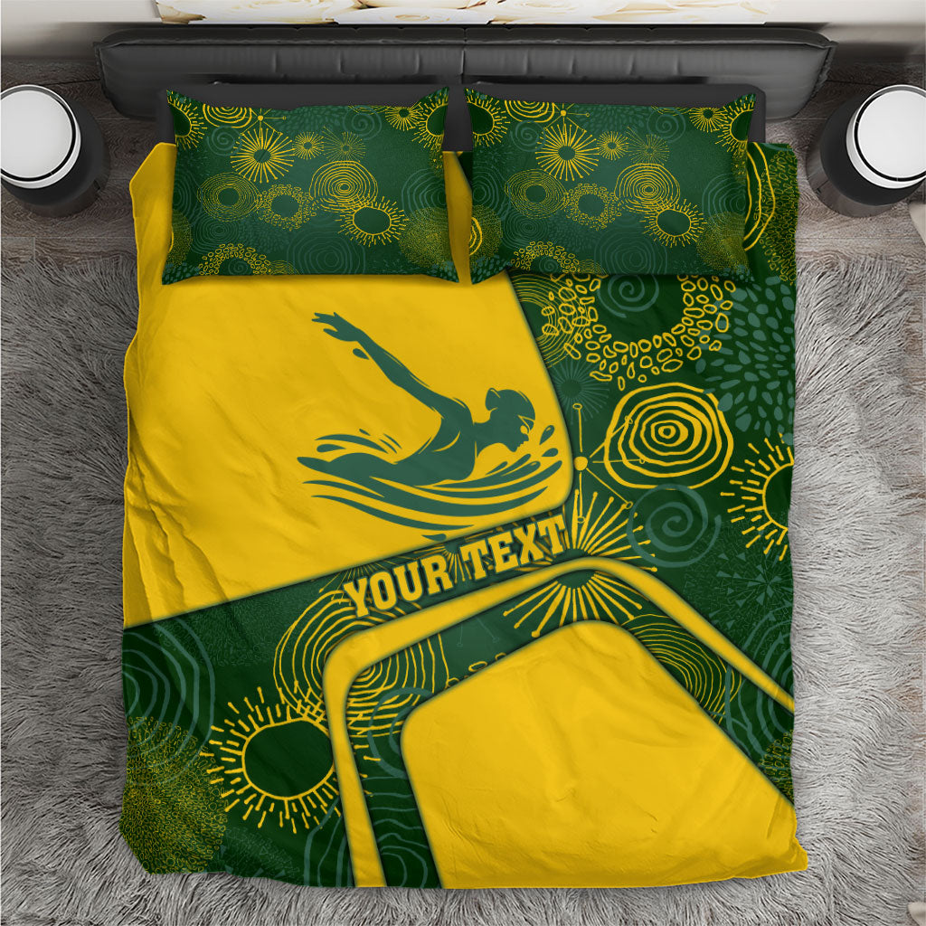 Personalized Australia Swimming Athlete Bedding Set Bold Swimmer Silhouette With Indigenous Pattern Accents