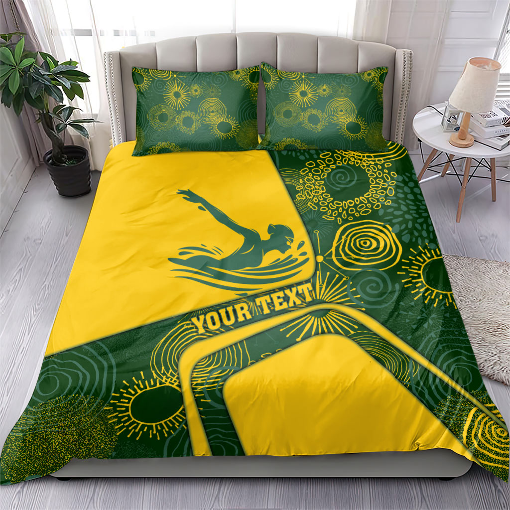 Personalized Australia Swimming Athlete Bedding Set Bold Swimmer Silhouette With Indigenous Pattern Accents