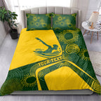 Personalized Australia Swimming Athlete Bedding Set Bold Swimmer Silhouette With Indigenous Pattern Accents