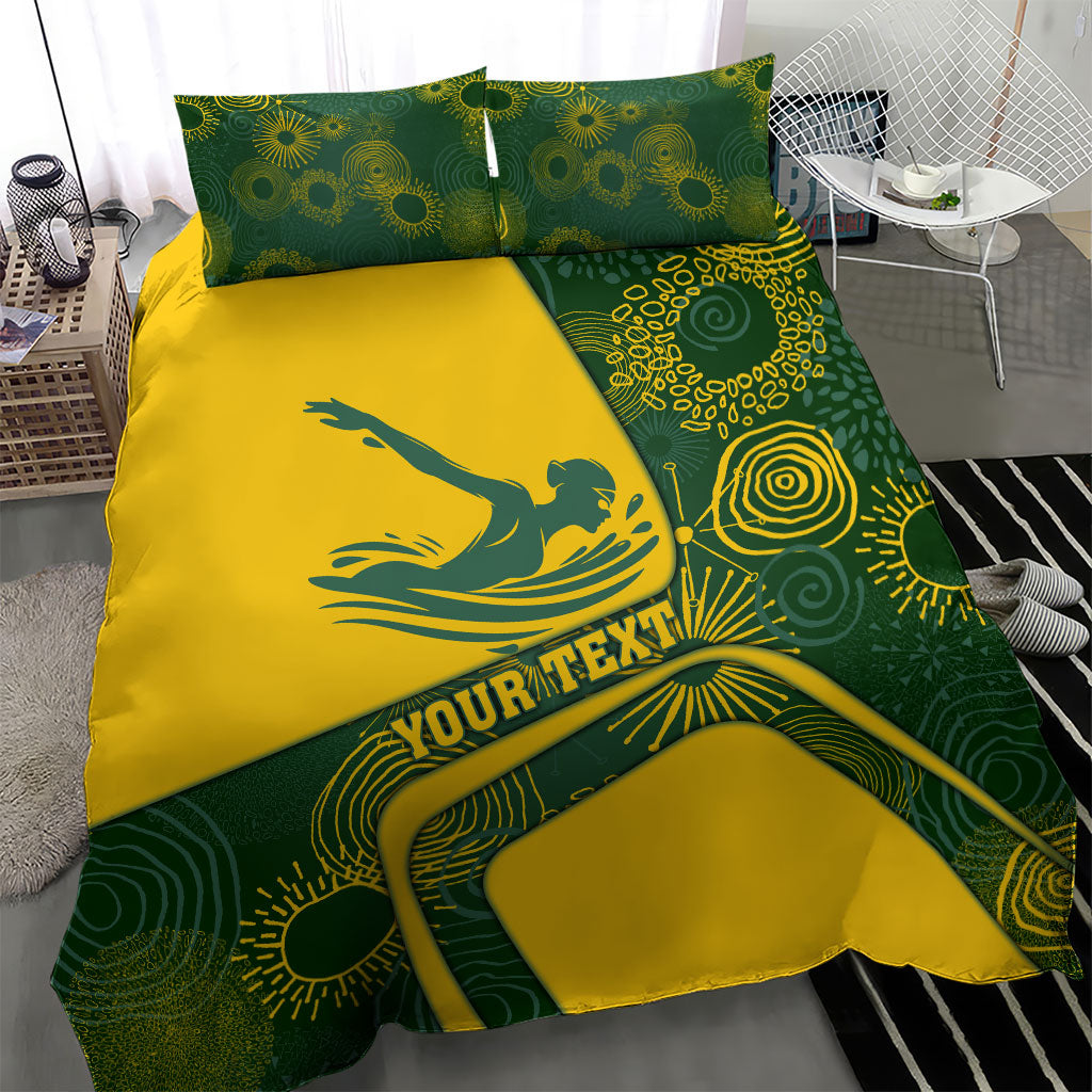 Personalized Australia Swimming Athlete Bedding Set Bold Swimmer Silhouette With Indigenous Pattern Accents