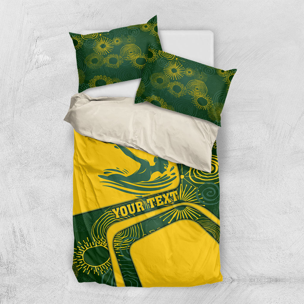 Personalized Australia Swimming Athlete Bedding Set Bold Swimmer Silhouette With Indigenous Pattern Accents
