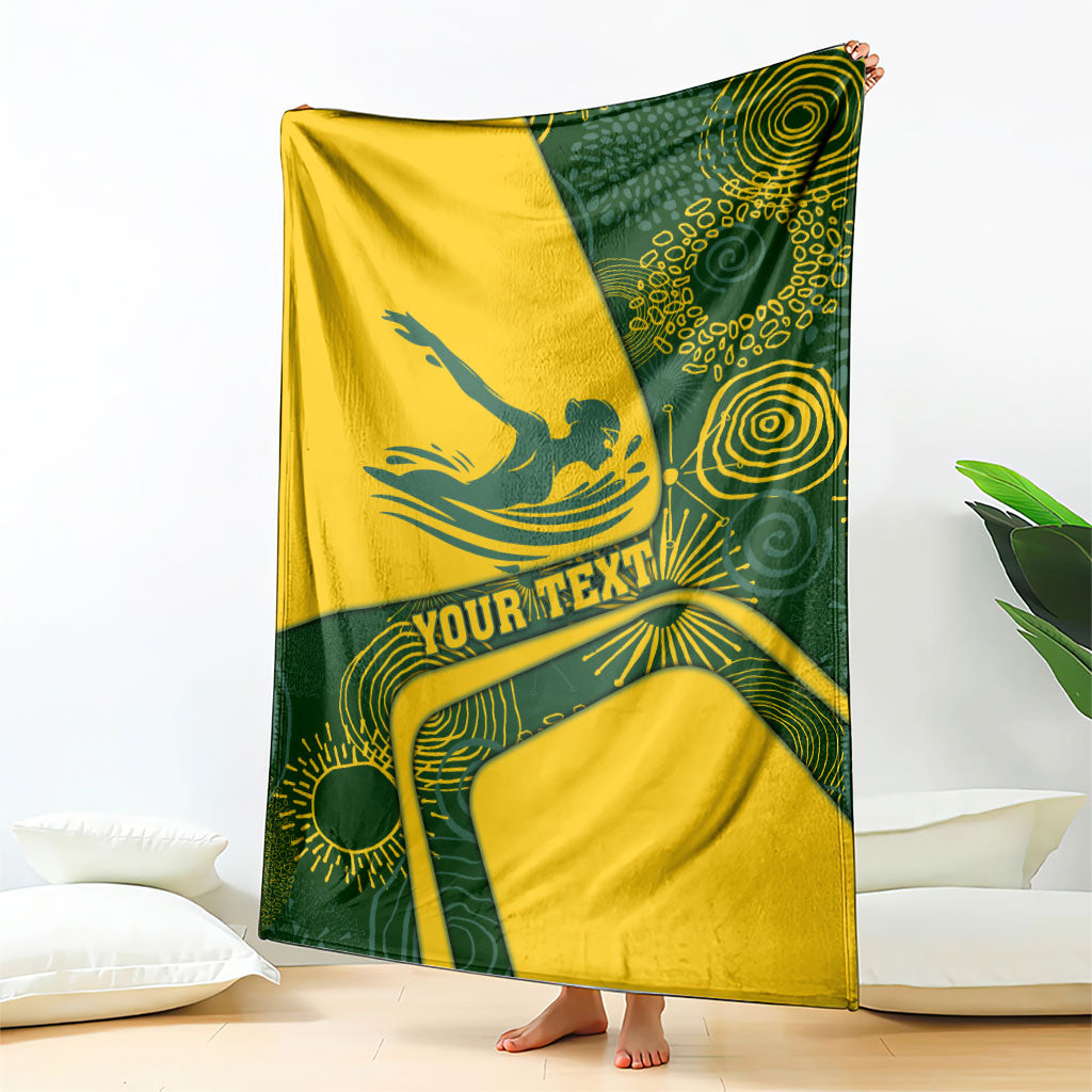 Personalized Australia Swimming Athlete Blanket Bold Swimmer Silhouette With Indigenous Pattern Accents