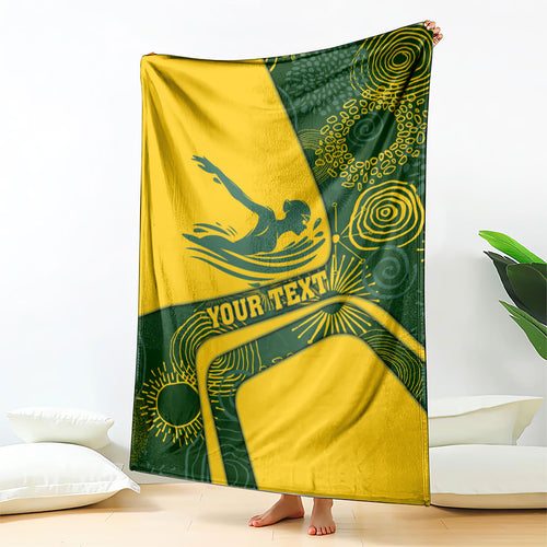 Personalized Australia Swimming Athlete Blanket Bold Swimmer Silhouette With Indigenous Pattern Accents
